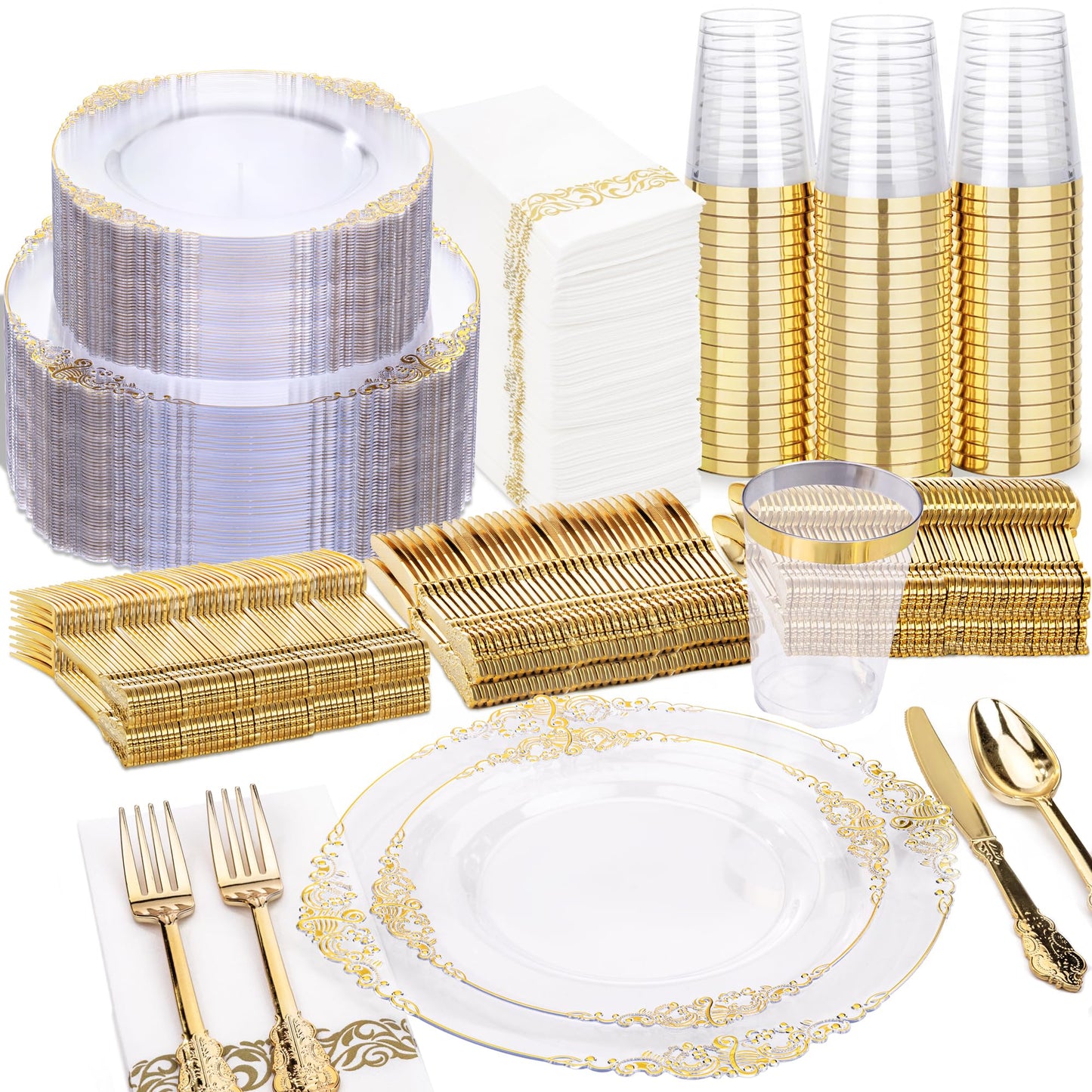 Nervure 350Pcs Purple Plastic Plates, Plastic Dinnerware Set for 50 Guests