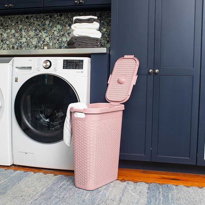 Mind Reader Slim Laundry Hamper with Lid, 40L Clothes Basket, Premium Wicker Design, Plastic, Pink