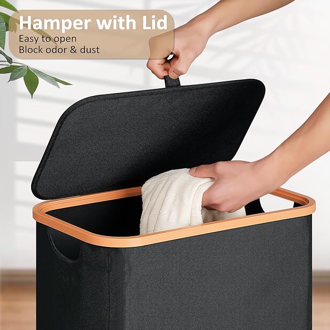 Slim Laundry Basket with Lid, Narrow Dirty Clothes Hampers for Laundry with Handle, Skinny Laundry Bin for Laundry Room, Dorm, Bedroom and Bathroom, 19.8 Gallon (75L) Black