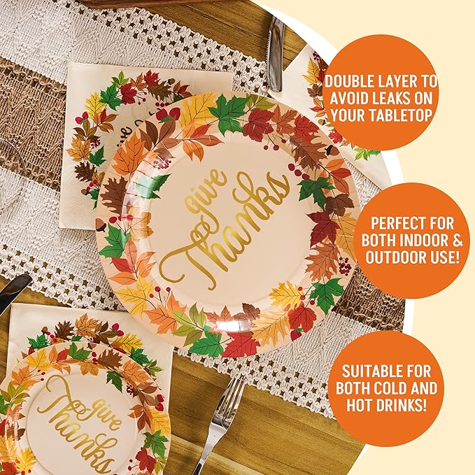 JOYIN 100 Pcs Thanksgiving Paper Plates and Napkins Disposable Dinnerware Set for 25 Guests, Give Thanks Theme Party Supplies, Happy Autumn Tableware Set