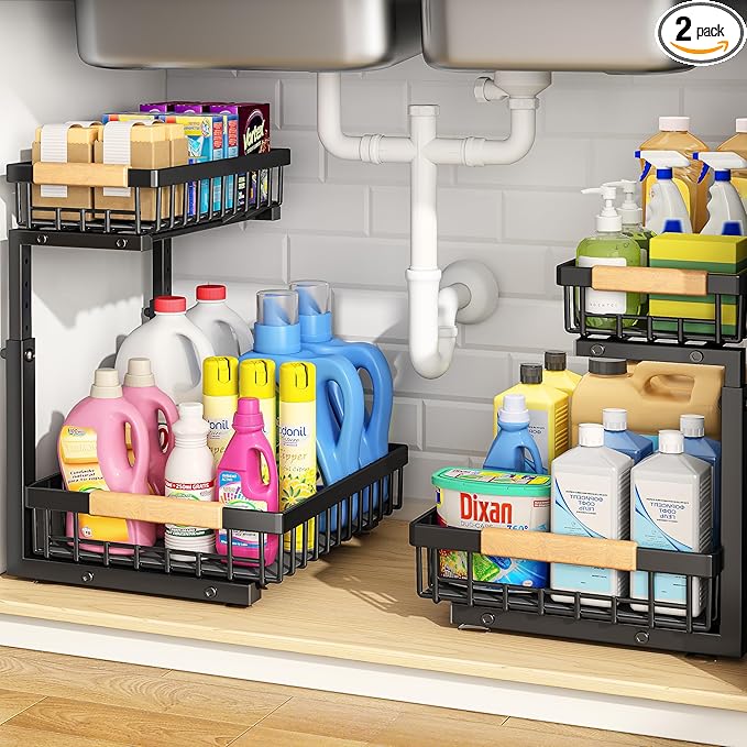 PXRACK Under Sink Organizer, Adjustable Height, 2-Pack 2 Tier Pull Out Under Cabinet Organizer, Slide Out Thickened Metal Under Sink Storage for Kitchen Bathroom Laundry Pantry Cabinet, S, Black