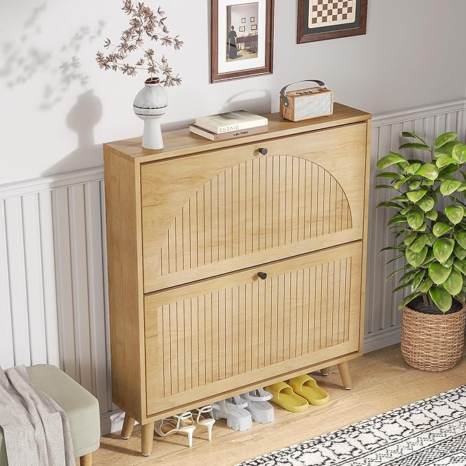 Shoe Storage Cabinet for Entryway with 2 Flip Drawers, Narrow Wood Shoe Cabinet with Fluted Panel, Freestanding Hidden Shoe Organizer for Foyer, Hallway (Wood Color - No Shelf)