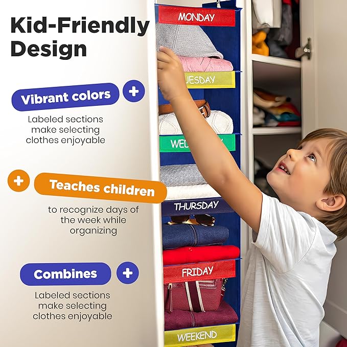 Handy Laundry Hanging Clothes Organizer for Kids - 6-Shelf Closet Daily Clothing Organization Labeled Shelves with Days of The Week Monday Through Friday, Weekday and Weekend (Blue)