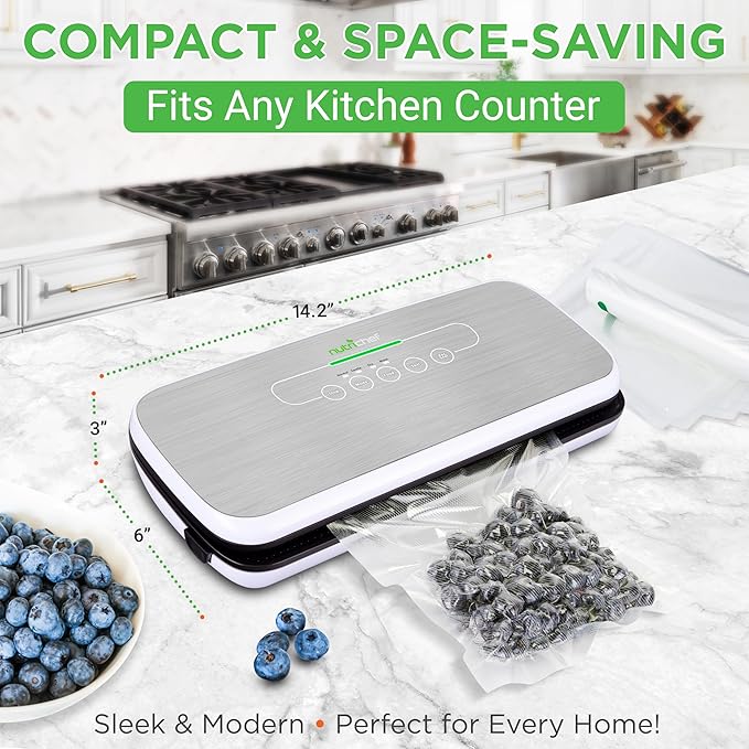NutriChef Automatic Vacuum Air Sealing System for Food Preservation with Starter Kit, Compact Design, Lab Tested, Dry & Moist Food Modes with Led Indicator Lights, Silver