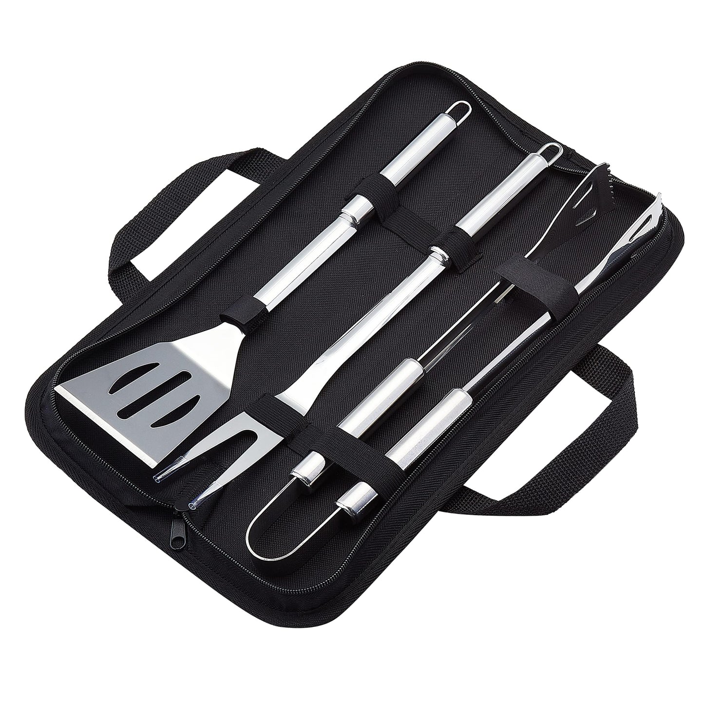 4-Piece Stainless Steel BBQ Grilling Tool Set with Carry Bag, Rust-Resistant, Dishwasher Safe