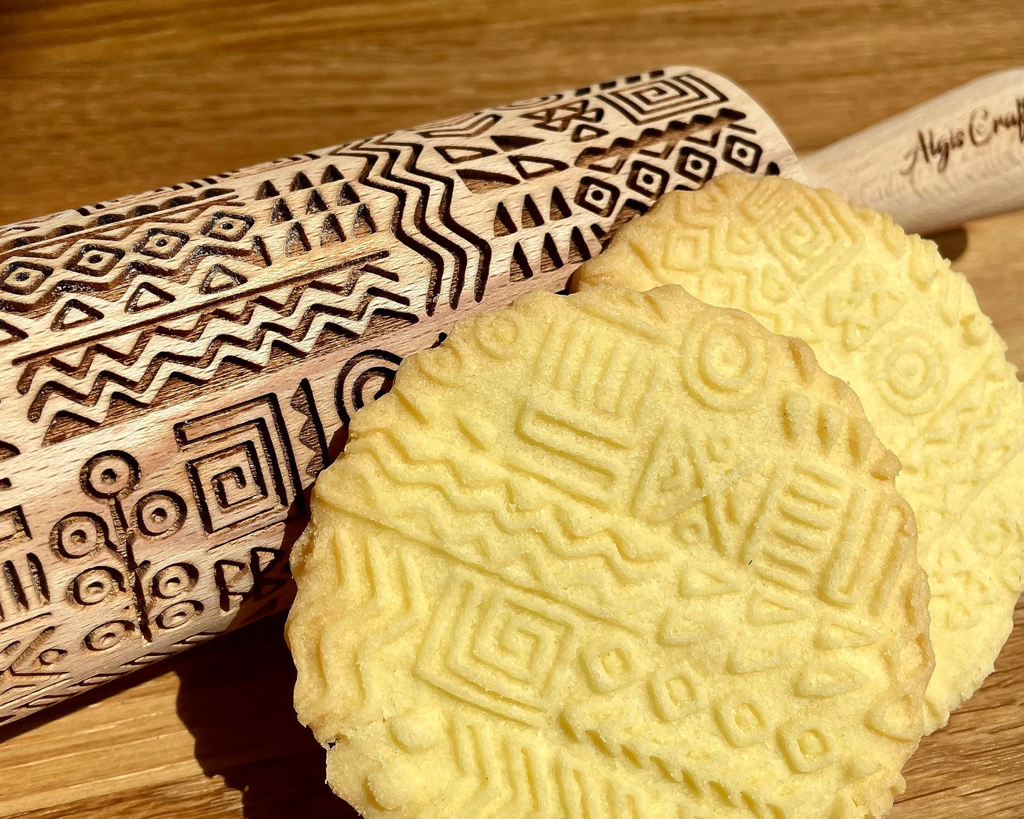 FOLK Embossed Rolling Pin. Wooden Embossing Rolling Pin With Folksy Flowers for Pottery and Cookies by Algis Crafts