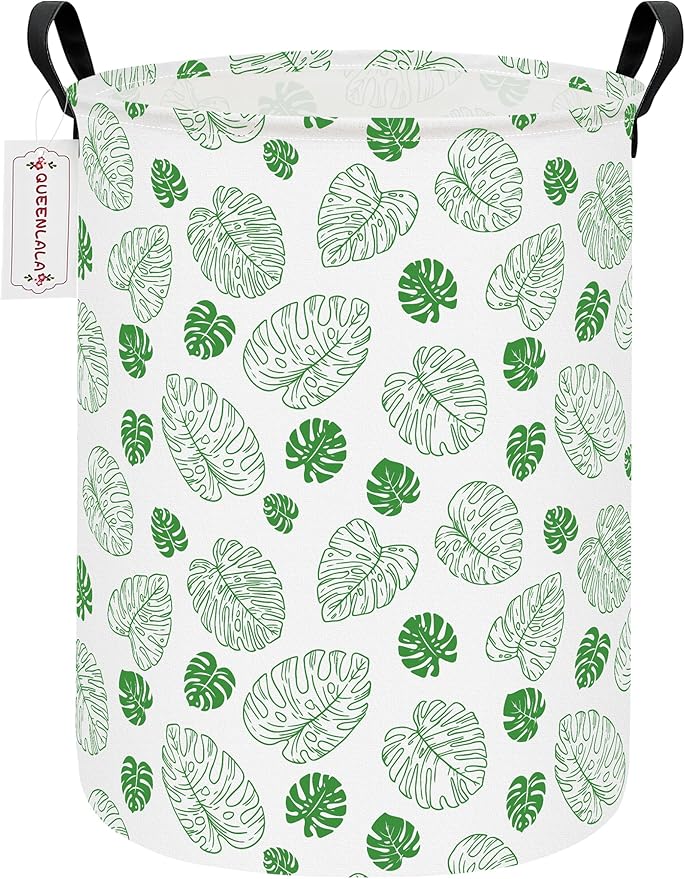 QUEENLALA Large Storage Basket,Laundry Hamper/Bathroom/Home Decor/Collapsible Round Storage Bin,Boys and Girls Hamper/Boxes/Clothing(Round-Green Leaf)