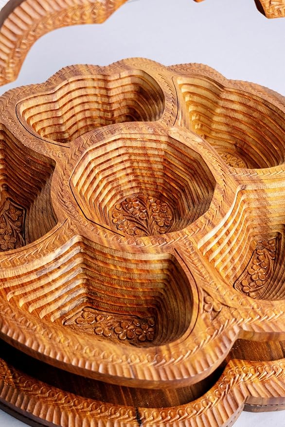 Morefordecor Handmade 18″ Collapsible Wooden Basket, 6-Compartment Paisley Design in Himalayan Rosewood – Fruit Basket, Bread Bowl & Trivet – Folds Flat for Easy Storage – Unique Centerpiece & Gift