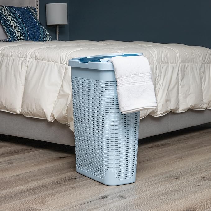 Mind Reader Slim Laundry Hamper with Lid, 40L Clothes Basket, Premium Wicker Design, Plastic, Baby Blue