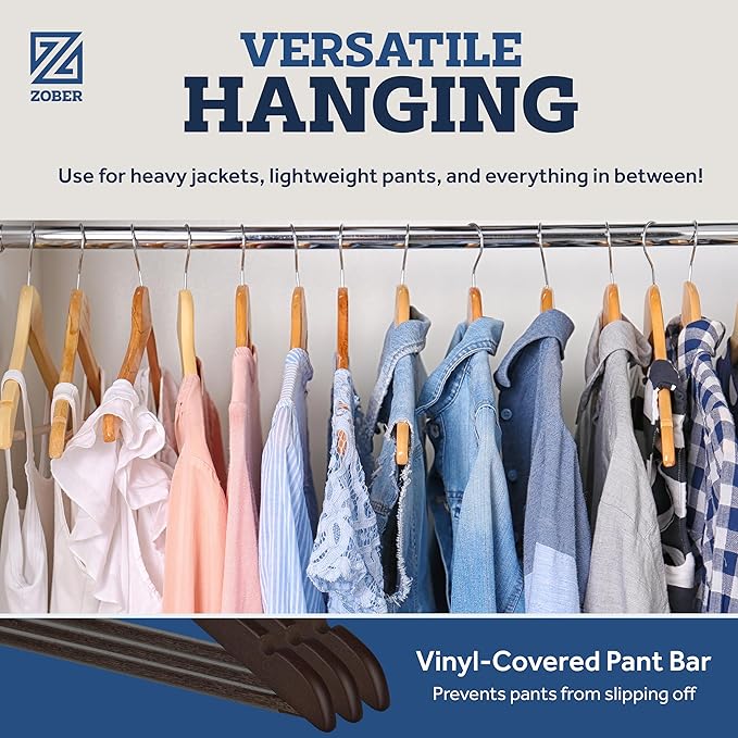 ZOBER Wooden Hangers - Heavy Duty, Non Slip Wood Hangers for Coats, Jackets, Suits, & Pants - Coat Hangers for Closet W/Bar and Notches 20 Pack