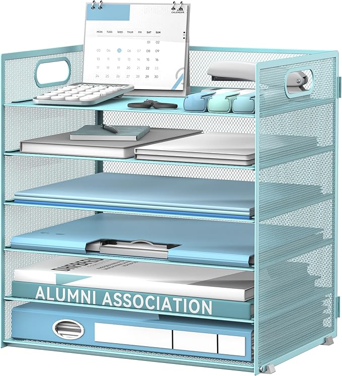 Daltack 6 Tier Paper Organizer for Desk, Paper Letter Tray Organizer for Desks, Mesh Desk File Organizers with Handle for Office, Home, School, Blue