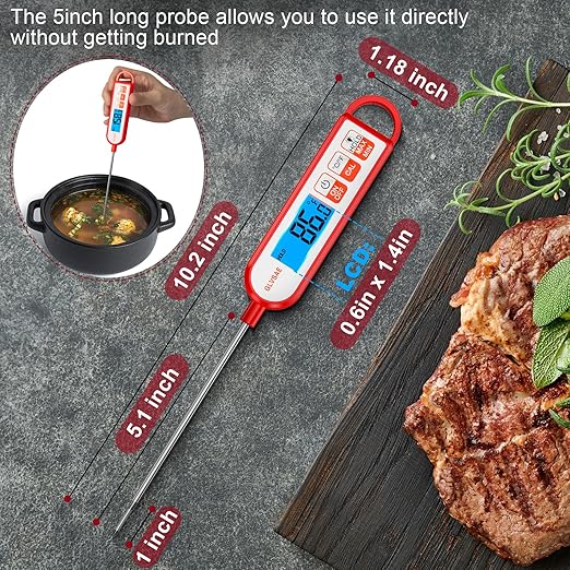 GLVSAE Digital Meat Thermometer Instant Readings in 1-2 Seconds Food Thermometer with Extended Probe Waterproof for Cooking, Confectionery Making, Barbecuing and as a Gift for Friends and Family