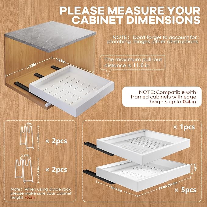6Pack Expandable Pull Out Cabinet Organizer 21"Deep With Raising Pad for Framed Cabinets,Slide Out Drawers with 4pcs Divider Racks,Roll Out Shelves Adhesive,Adjustable Width 12.05"-20.4"White
