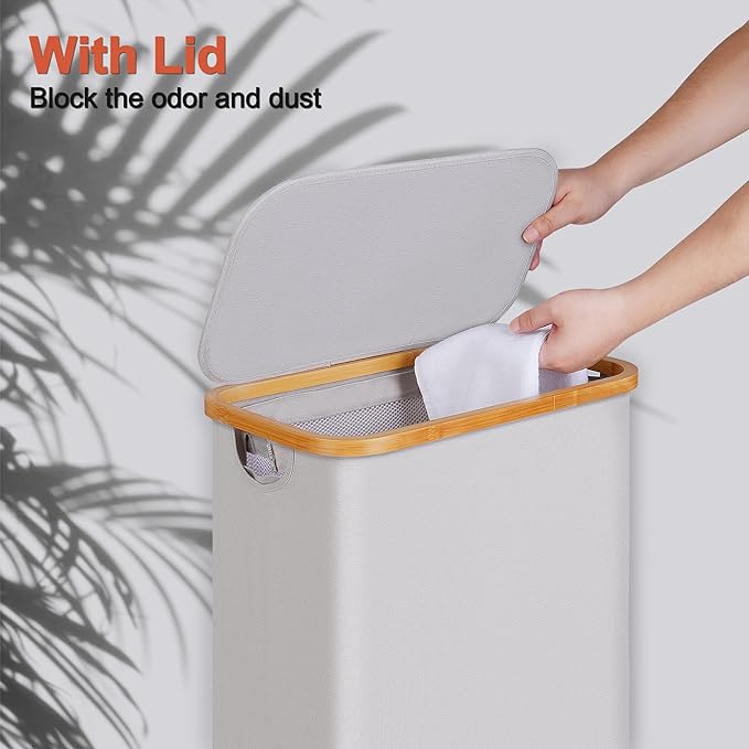 efluky Slim Laundry Basket with Lid, Narrow Laundry Hamper with Removable Bag, Skinny Dirty Clothes Basket with Bamboo Handles for Bathroom, Bedroom & Laundry Room, 75L Light Grey