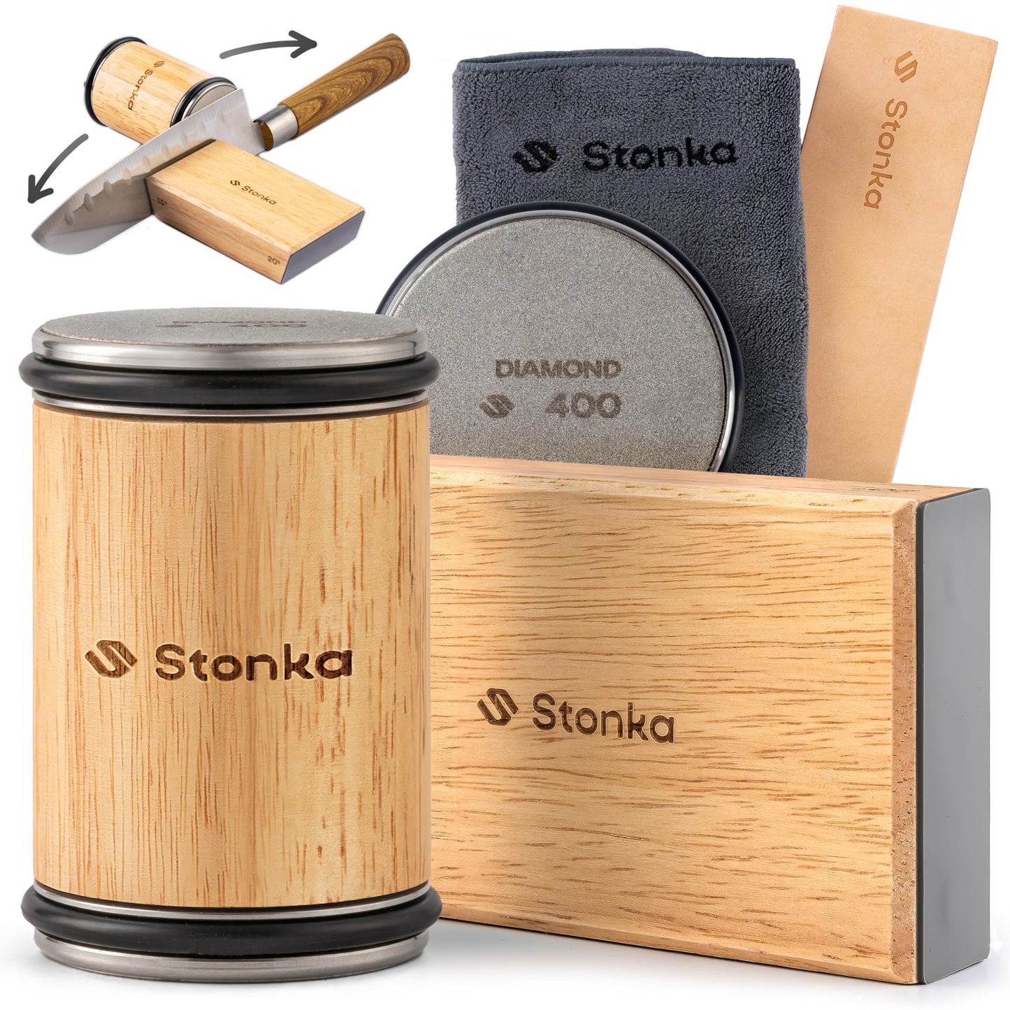 Stonka Walnut Rolling Knife Sharpener Kit – Premium Dark Wood, Diamond Wheels, Magnetic Angle Guide 15° & 20°, Leather Strop – Giftable Packaging