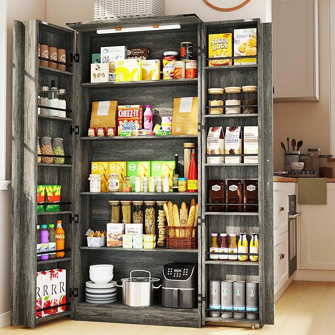 Tall Kitchen Pantry Cabinet, Grey Wood Storage Cabinet with 2 Doors