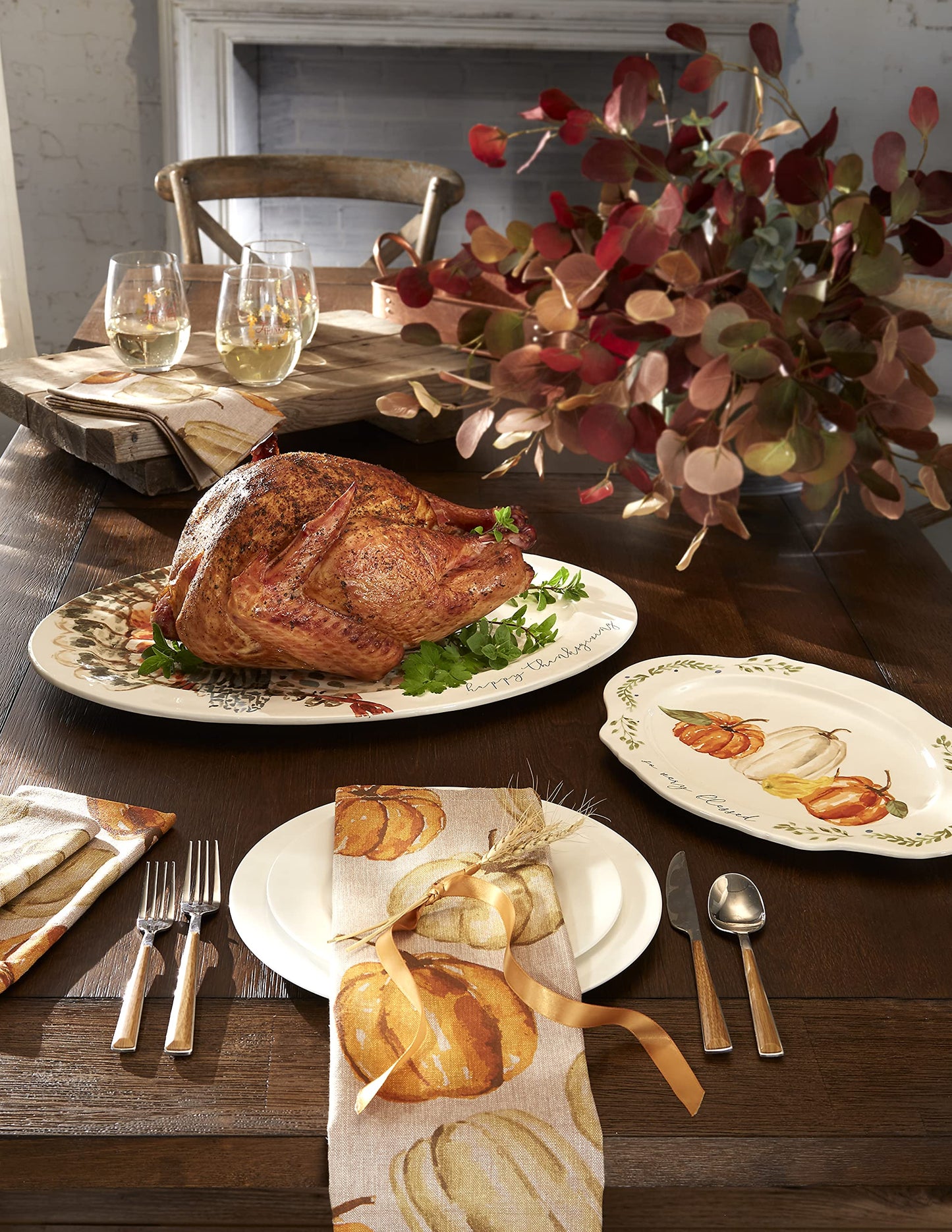 Mud Pie Turkey Platter, Large Thanksgiving Serving Platter, White Ceramic