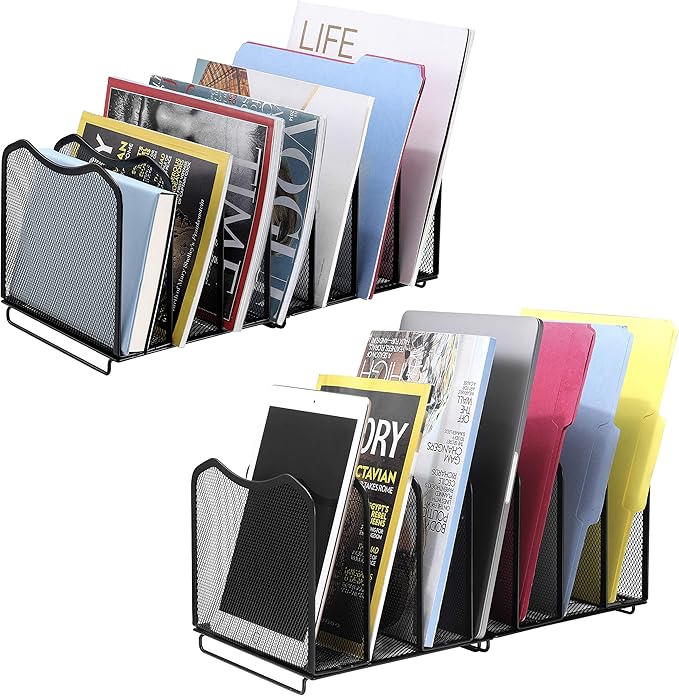 Simple Trending 2 Pack Mesh Desktop File Sorter Organizer, 7-Section Bookshelf For Desk Home Office, Black