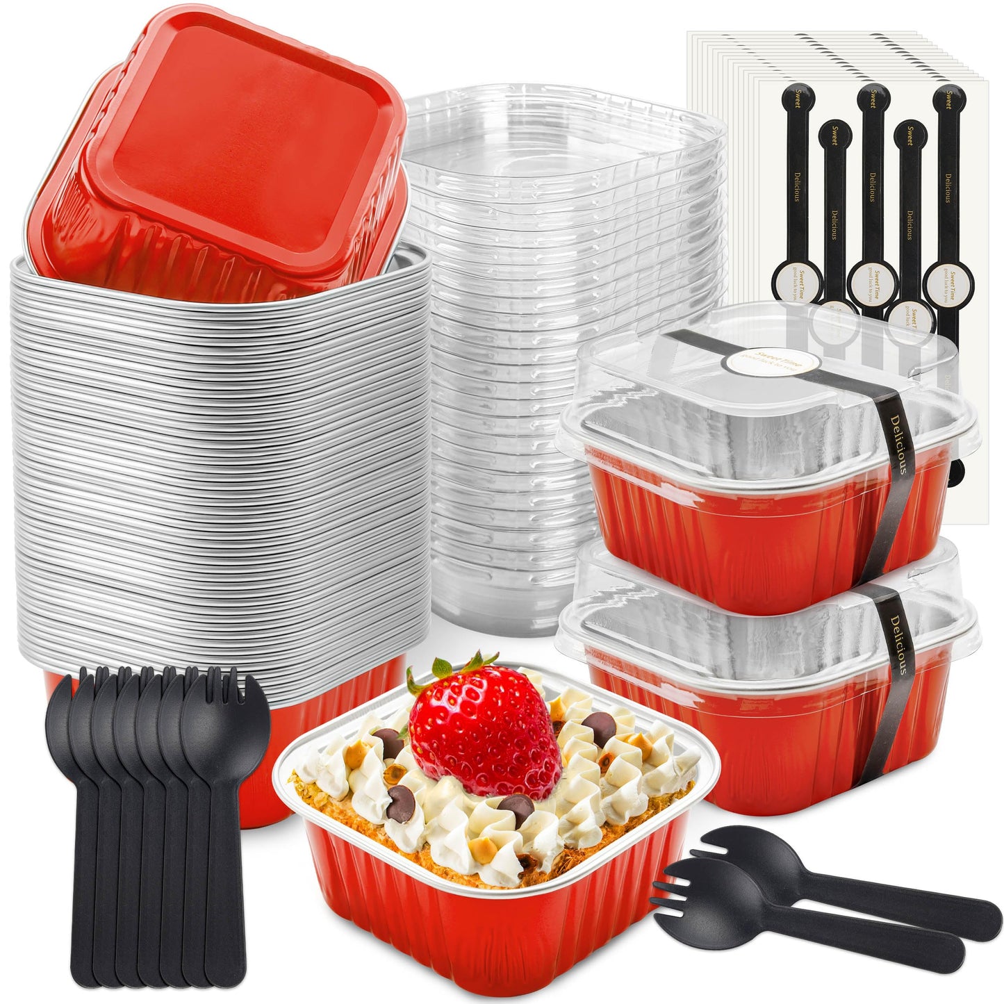 NPLUX Mini Cake Pans with Lids, 50 Pack Pink 5oz for Picnic Desserts