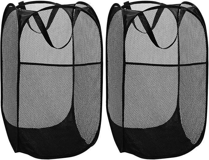BATTOO Deluxe Strong Mesh Pop up Laundry Hamper Basket with Side Pocket Foldable Hamper for Laundry Room, Bathroom, Kids Room, College Dorm or Travel Black + Black