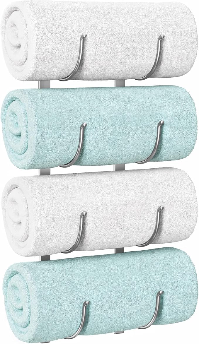 Rolled Towel Rack for Bathroom– 4-Tier Rolled Towel Storage Holder,Metal Organizer for Towels & Large Bath Sheets, Space Saving Rack for Small Bathroom, RV, Camper, Closet, Silver Metal