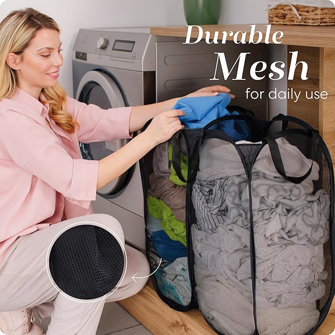 Handy Laundry Mesh Popup Hamper - Two Compartments, Collapsible for Storage and Easy to Open. Folding Pop-Up Clothes are Great for The Kids Room, College Dorm or Travel. (Black)