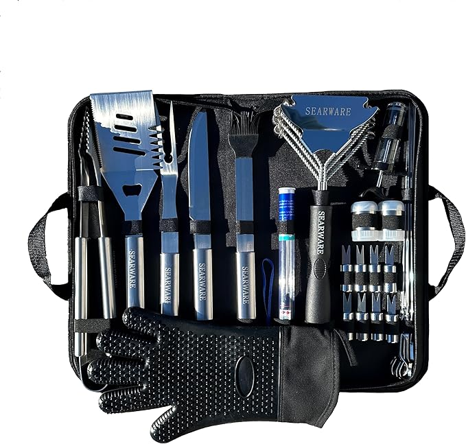 SEARWARE Barbecue Grill Tool Set - Stainless Steel - Strong Durable Design - Heat Resistant Glove & Bristle Free Grill Brush - Thermometer, Meat Injector, & Corn Skewers - Perfect For Smokers & Grills