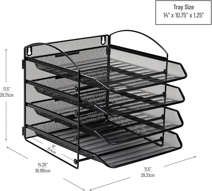 Mind Reader 4-Tier Paper Tray, File Storage, Desktop Organizer, Wall Mountable, File Organization, Metal Mesh, Black