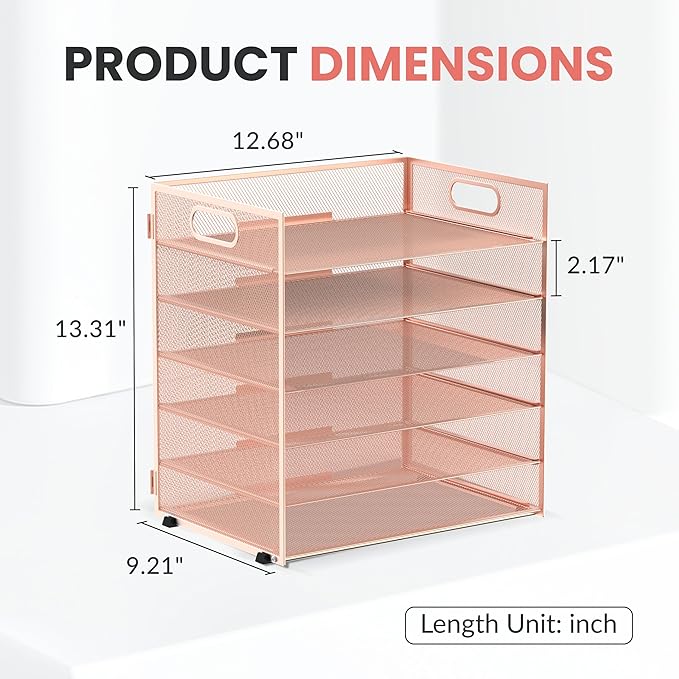 Daltack 6 Tier Paper Organizer for Desk, Paper Letter Tray Organizer for Desks, Mesh Desk File Organizers with Handle for Office, Home, School, Rose Gold