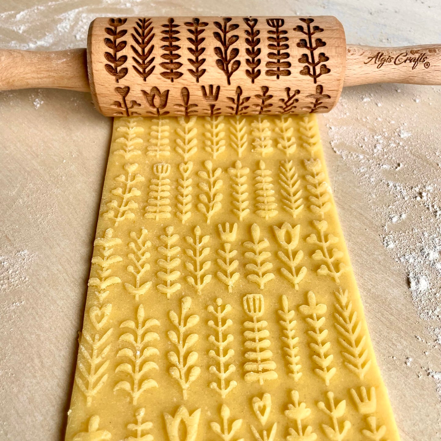 SEASONS 3 Mini Embossed Rolling Pin Set. Wooden Laser Cut Mini Rolling Pins for cookies or clay with spring flowers, tulips, daffodils, strawberries, raspberries, birch, trees by Algis Crafts