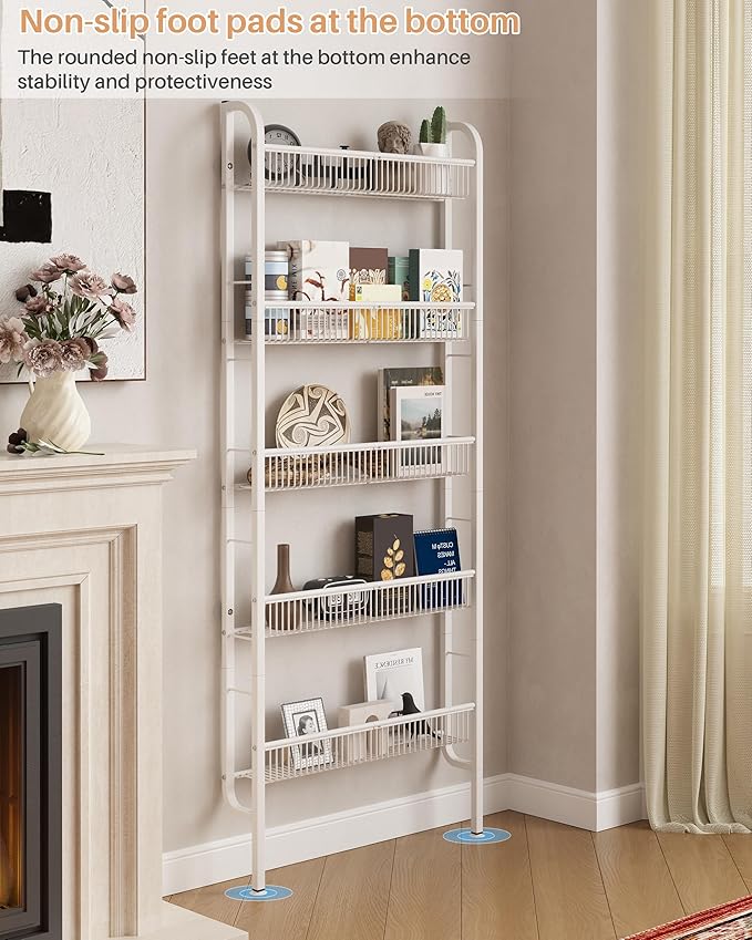 UMDONX Behind The Door Bathroom Shelf Narrow 5-Tier, Space-Saving Slim Storage Shelf Narrow Shelving Unit for Bathroom and Kitchen White