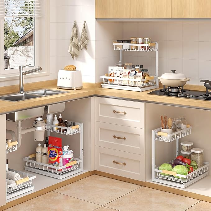 2 Packs Under Sink Organizer, Height Adjustable 2 Tier Under Kitchen sink organizer, Multi-Purpose Storage Shelf for Kitchen Bathroom Cabinet (White, Large)
