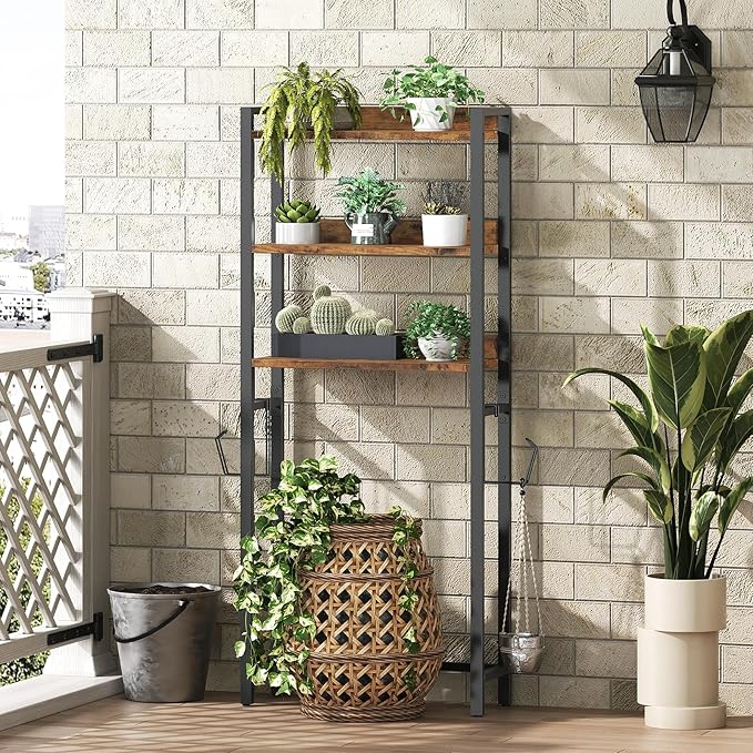 Over The Toilet Storage Rack, 3 Tier Bathroom Organizer Over Toilet, Freestanding Space Saver Toilet Stand with 2 Hooks, Bathroom Storage Shelf, Easy to Assemble, Rustic Brown TSHR6001