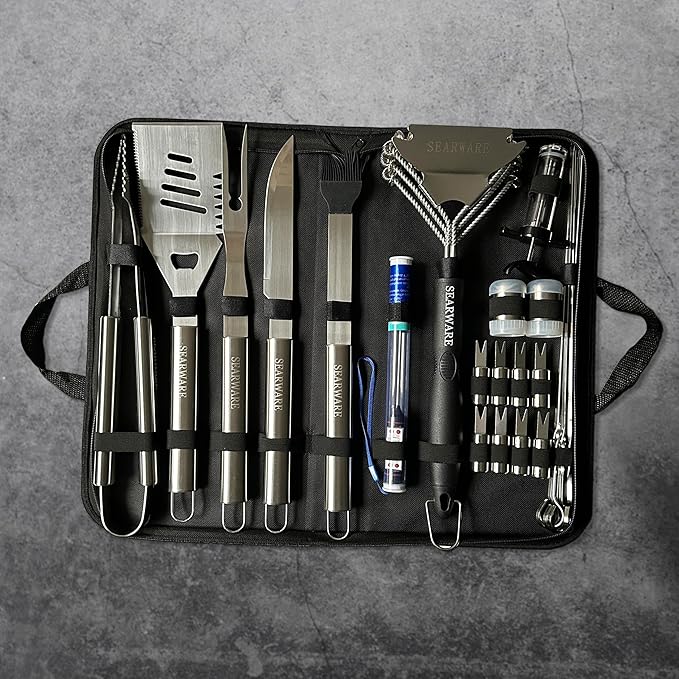 SEARWARE Barbecue Grill Tool Set - Stainless Steel - Strong Durable Design - Heat Resistant Glove & Bristle Free Grill Brush - Thermometer, Meat Injector, & Corn Skewers - Perfect For Smokers & Grills