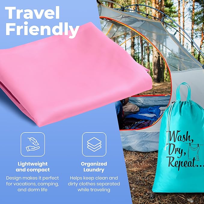 Extra Large Travel Laundry Bag - 2-Pack Fun Print Design Bags for Dirty Clothes - Durable Water-Resistant Fabric - Sturdy Drawstring Closure (Pink-Teal | Wash Dry Repeat)