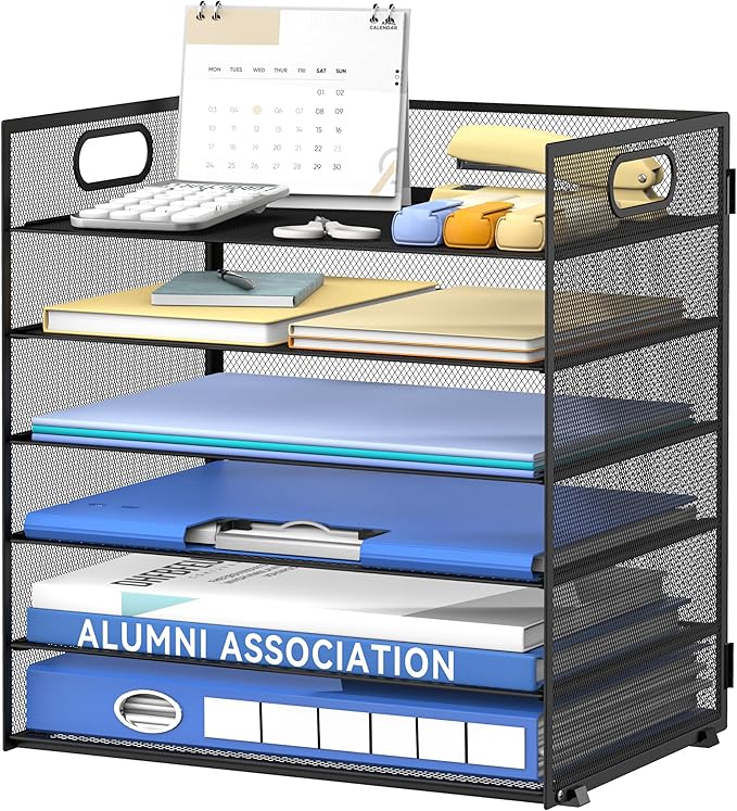 Daltack 6 Tier Paper Organizer for Desk, Paper Letter Tray Organizer for Desks, Mesh Desk File Organizers with Handle for Office, Home, School, Black