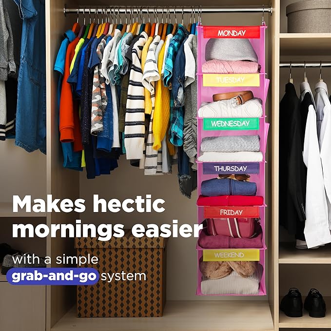 Handy Laundry Hanging Clothes Organizer for Kids - 6-Shelf Closet Daily Clothing Organization Labeled Shelves with Days of The Week Monday Through Friday, Weekday and Weekend (Pink)