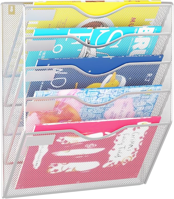 5 Pockets Hanging Wall File Organizer Mail Holder, Wall Mounted Paper Document Folder Holder, Clipboard Storage Organization Magazine Rack, Silver