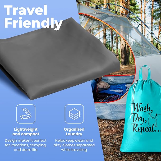 Extra Large Travel Laundry Bag - 2-Pack Fun Print Design Bags for Dirty Clothes - Durable Water-Resistant Fabric - Sturdy Drawstring Closure (Teal-Grey | Laundry)