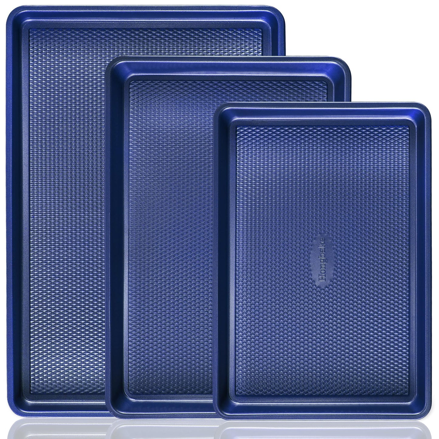 HONGBAKE 3 Pack Gold Nonstick Baking Sheet Pan Set with Oven Mitts Heat Resistant, Non-Toxic Half/Quarter/Jelly Roll Pans with Diamond Texture Pattern, Heavy Duty 0.8mm Thick Cookie Trays for Cooking