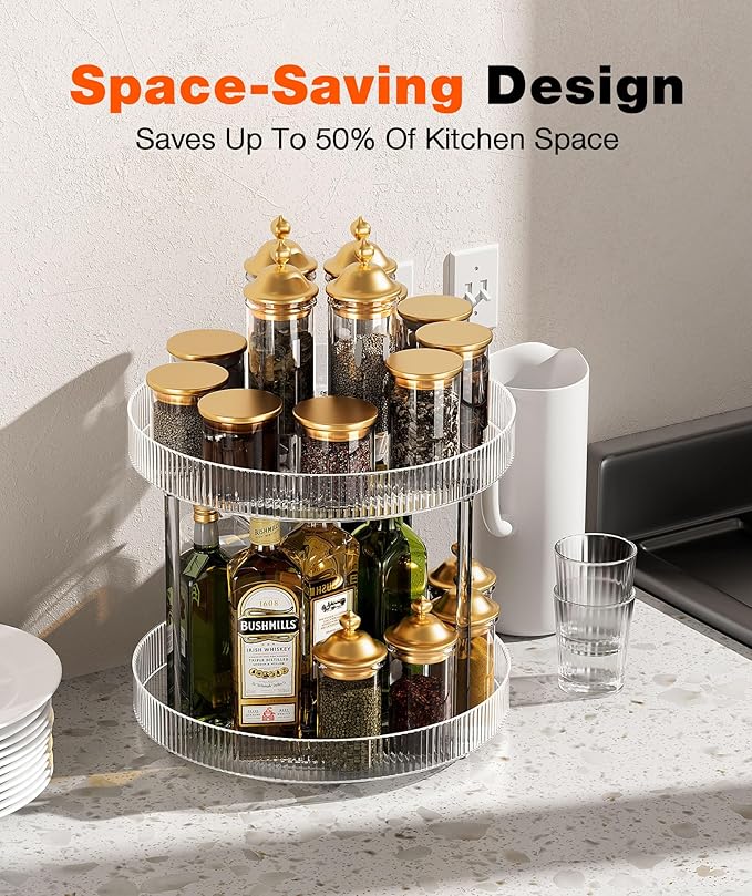 360° Clear Rotating Storage Tray, 2 Tier Lazy Susan Bathroom Countertop Organizer, Cosmetics and Perfume Organizer, Spinning Storage Tray Vanity Organizer Shelf for Bathroom Cabinet, Kitchen(Medium)