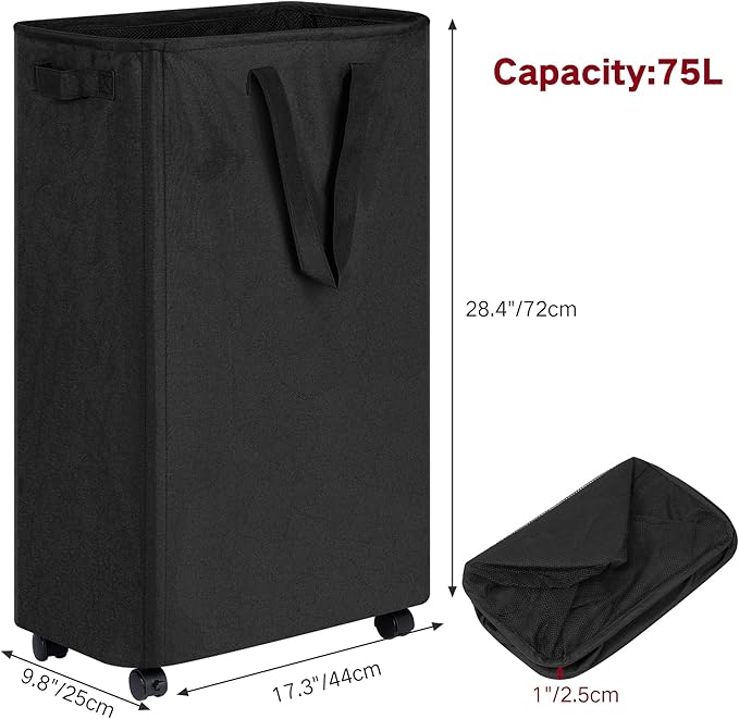 efluky Slim Laundry Hamper with Wheels, Rolling Laundry Basket for Clothes, Small Laundry Basket for Bedroom, Dorm and Laundry Room, 75L (19.8 Gallons) Black