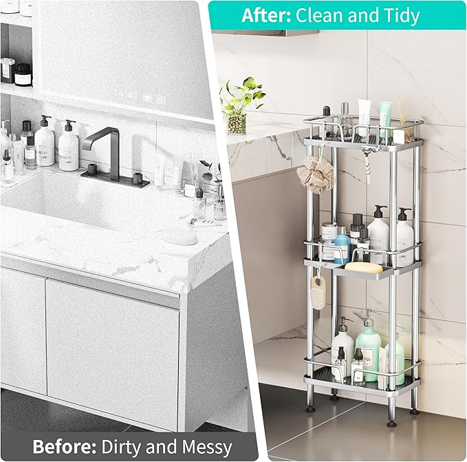 HapiRm Standing Corner Shower Caddy - 3 Tier Corner Shower Organizer with Soap Holder, Rustproof Stainless Steel Bathroom Shelf with 4 Hooks, Silver