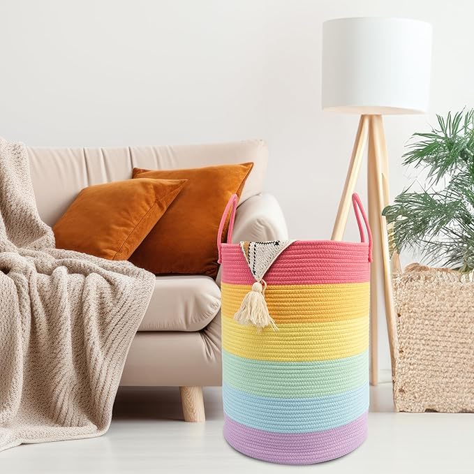 Woven Cotton Rope Laundry basket-15”X20” Laundry Hamper-Rope Storage Basket for Dirty Clothes, Toys and Blankets Perfect for Bathroom, Baby nursery and Living Room Storage (rainbow)