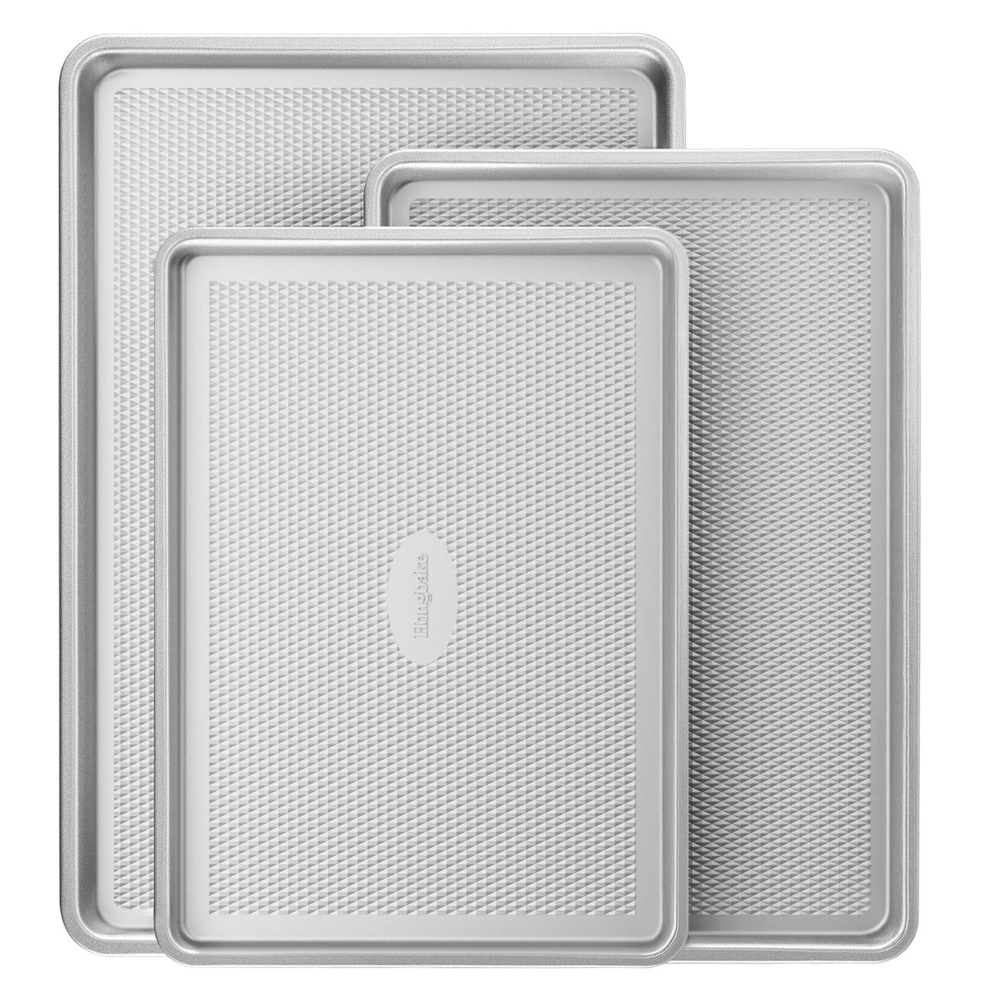 HONGBAKE 3 Pack Gold Nonstick Baking Sheet Pan Set with Oven Mitts Heat Resistant, Non-Toxic Half/Quarter/Jelly Roll Pans with Diamond Texture Pattern, Heavy Duty 0.8mm Thick Cookie Trays for Cooking
