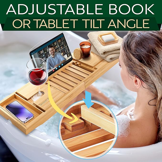 SereneLife Premium Bathtub Tray Caddy with Gift Box and Bow Set, Expandable Bath Tray, Unique House Warming Gifts for Mom, Women, Wedding, Anniversary, Bridal Shower, Fit for All Tub - Classic