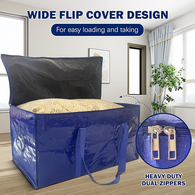 4 Pack Extra Heavy Duty Large Moving Bags with Strong Zipper & Carrying Handles, Sturdy Clothes Storage Bag Totes Bins, Packing Bags Moving Boxes College Moving Supplies, Dark Blue - 40 gal