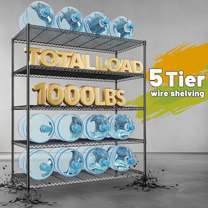 REIBII Heavy Duty 5-Tier Storage Shelves, 45.5''W for Kitchen Garage Retail