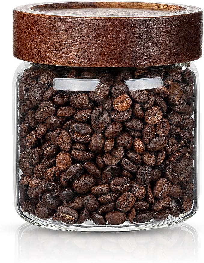 piconesper 2PCS Small Glass Storage Jars with Airtight Lids, 11 fl oz (300ml) coffee container with Wooden Lid, Glass Pantry Canister for Beans, Rice, Sugar and etc