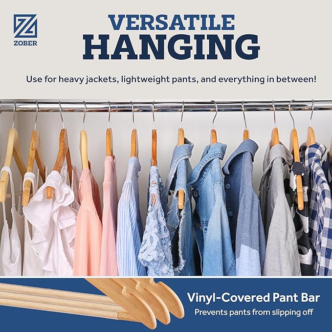 ZOBER High-Grade Wooden Hangers - Heavy Duty, Non Slip Wood Hangers for Coats, Jackets, Suits, & Pants - Clothes Hangers for Closet W/Bar and Notches 20 Pack